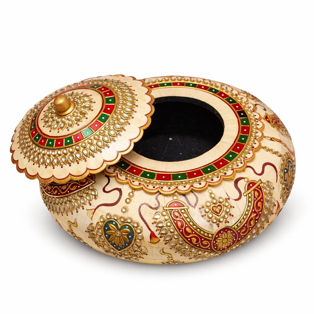 Decorative handcrafted ceramic pot with lid and stone embellishments