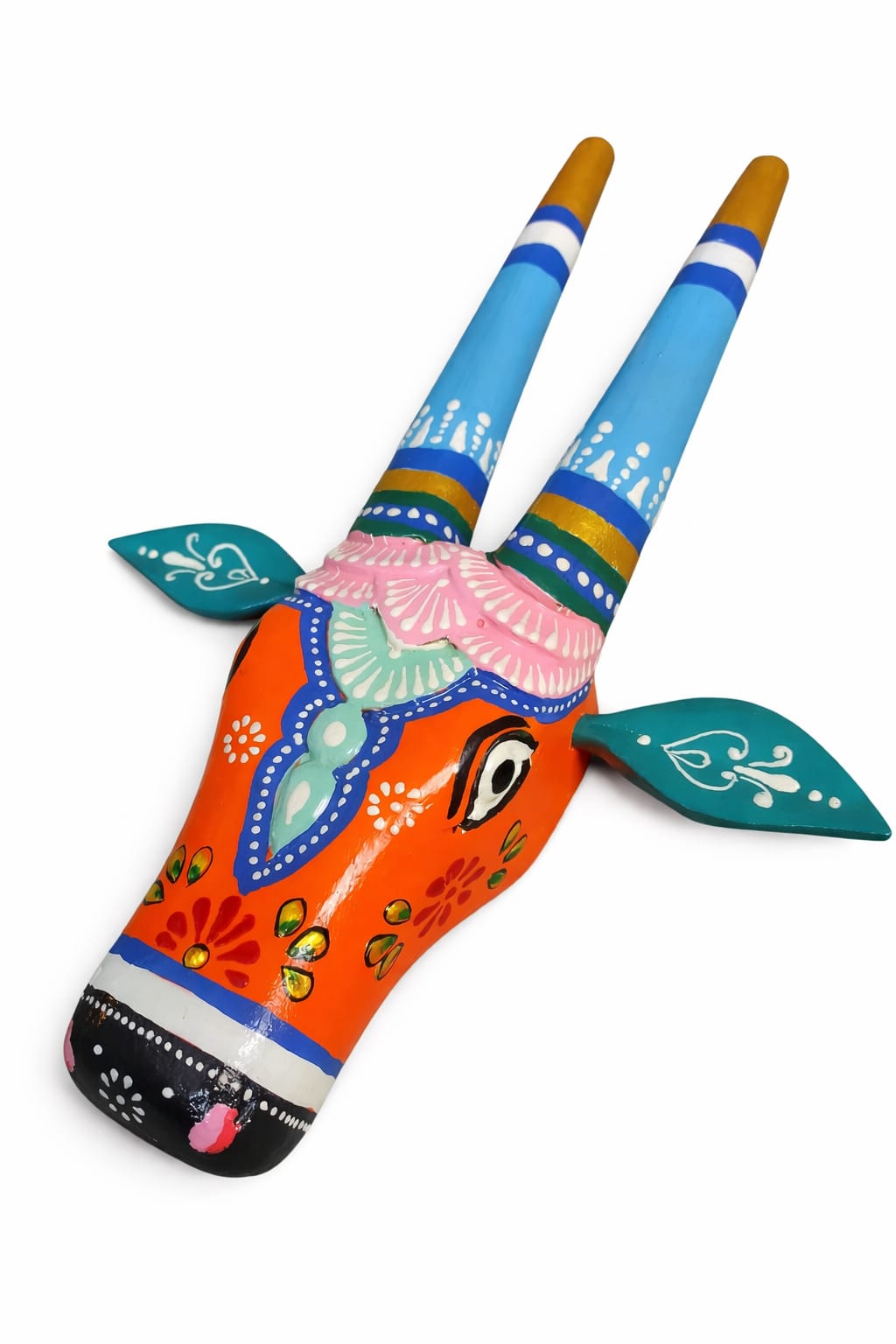 Hand-painted decorative bull head wall hanging with folk-art patterns