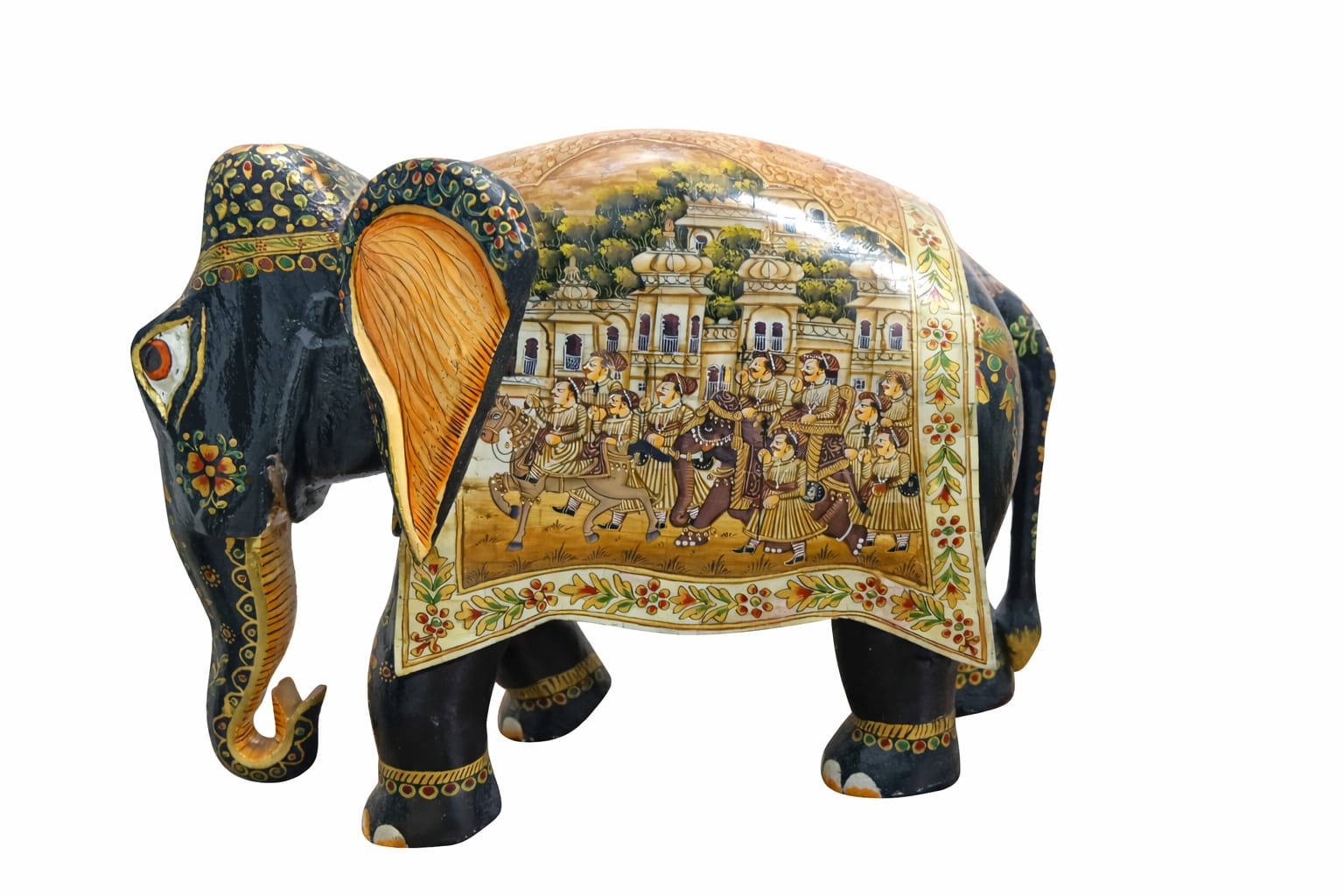 Hand-painted Rajasthani wooden elephant figurine with lacquer finish