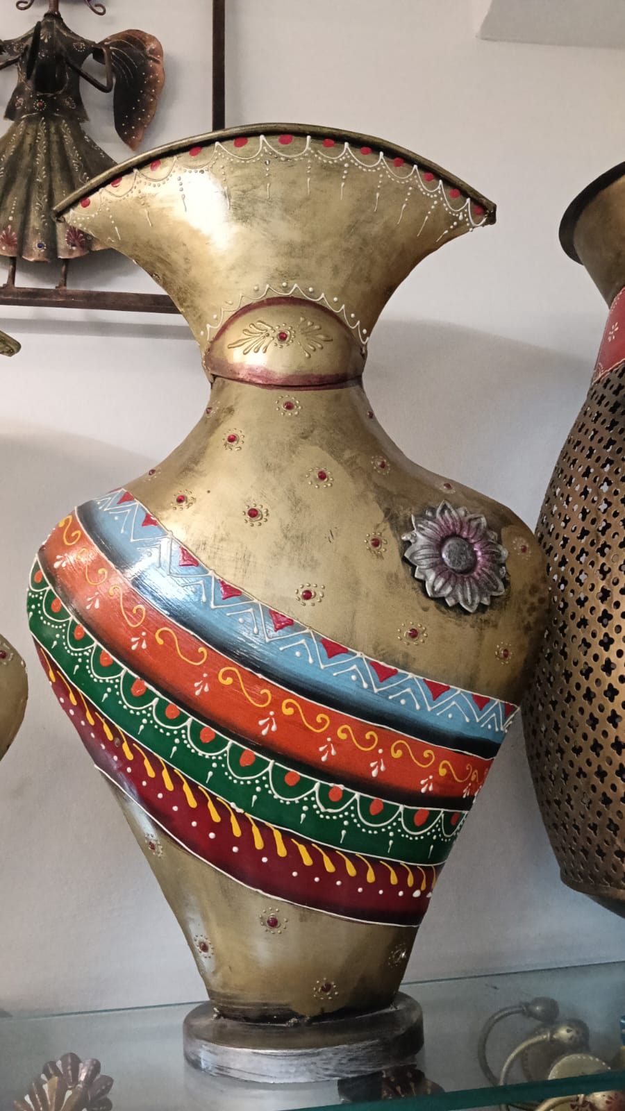 Antique gold handcrafted metal floor vase with tribal artwork