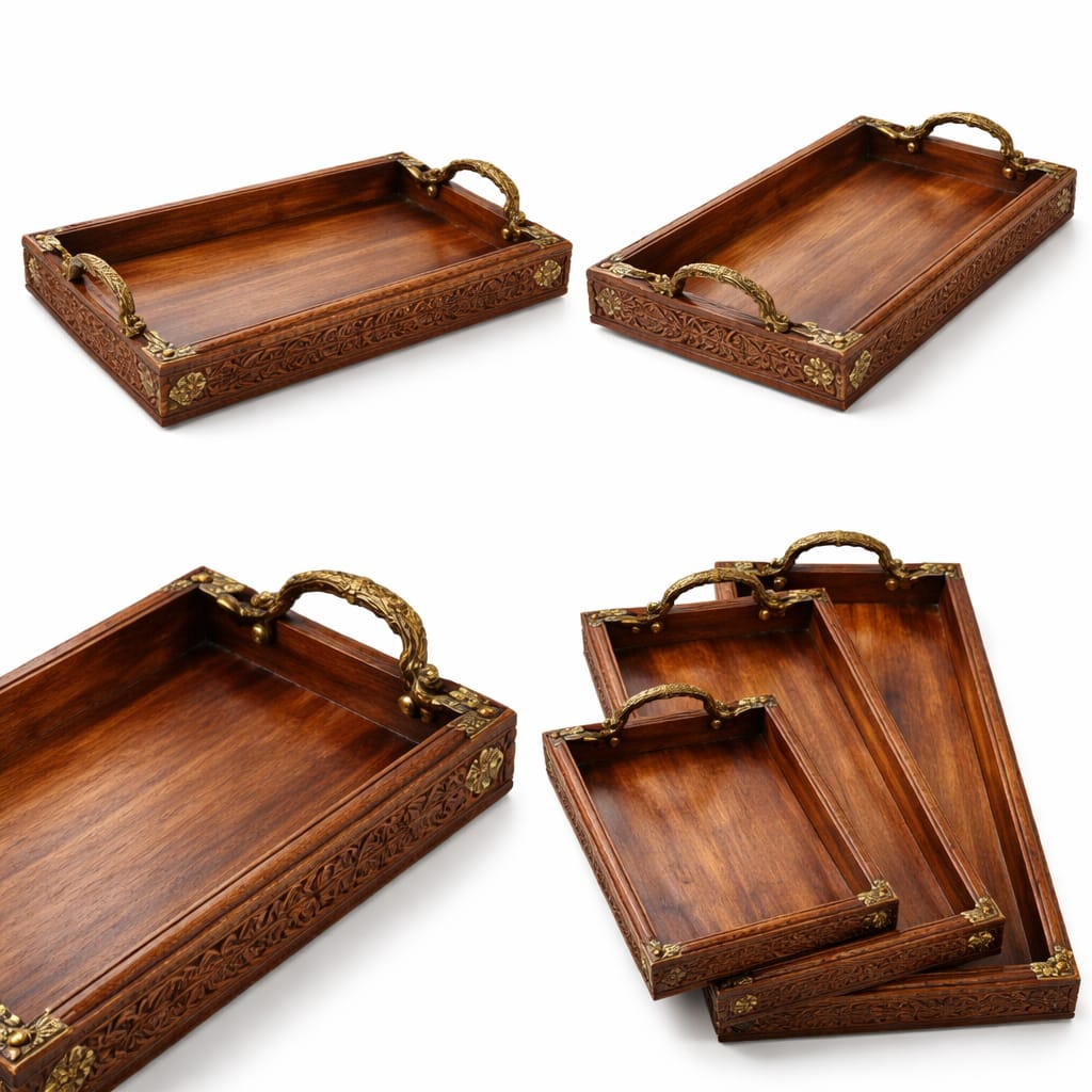 Rustic carved Sheesham wooden serving tray with brass handles